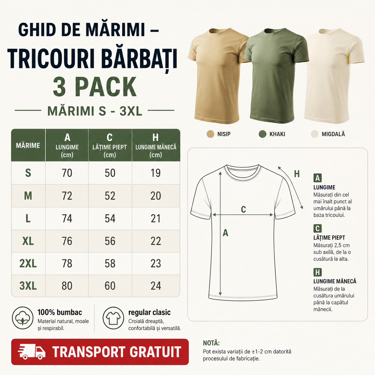 Confort set 3 tricouri bărbați 100% bumbac regular clasic culori naturale